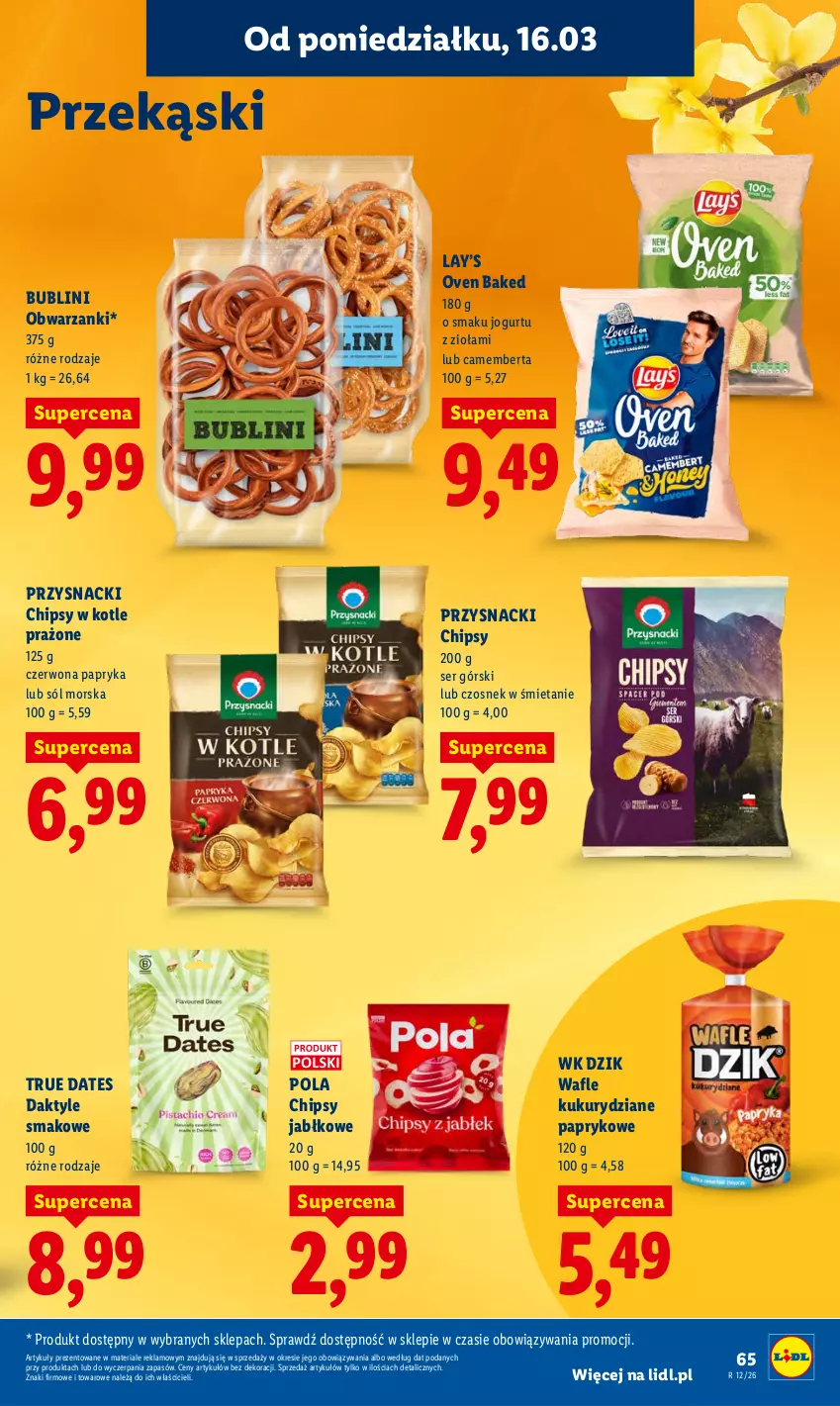 Gazetka promocyjna Lidl - Gazetka ważna od 16.03 do 18.03 - ważna 16.03 do 18.03.2026 - strona 67 - produkty: Camembert, Chipsy, Czosnek, Daktyle, Jogurt, Lay’s, Papryka, Przysnacki, Ser, Sól, Wafle