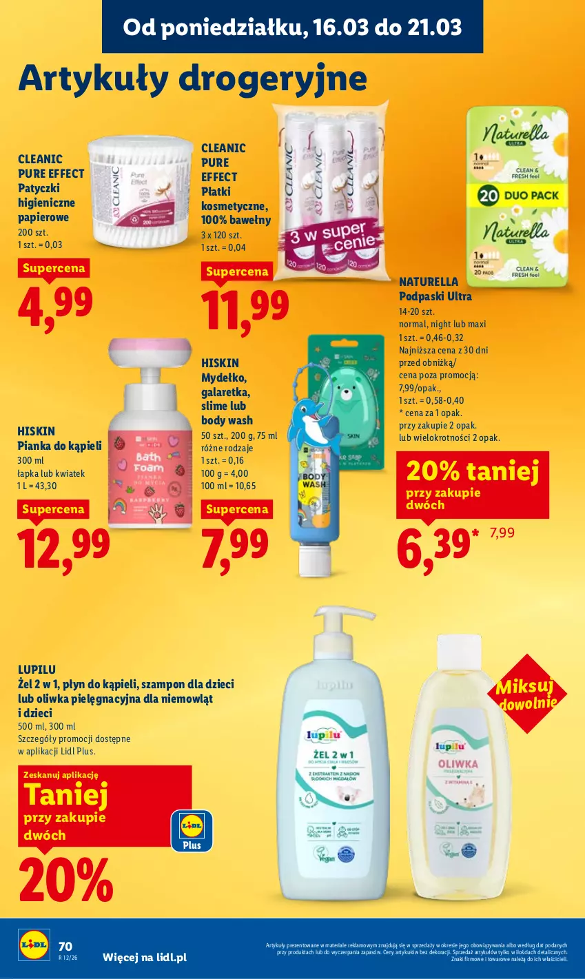 Gazetka promocyjna Lidl - Gazetka ważna od 16.03 do 18.03 - ważna 16.03 do 18.03.2026 - strona 72 - produkty: Body, Cleanic, Dzieci, Gala, Galaretka, Naturell, Naturella, Papier, Płatki kosmetyczne, Płyn do kąpieli, Podpaski, Pur, Szampon
