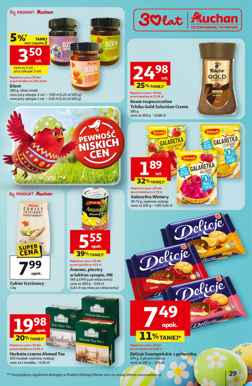 Gazetka promocyjna Auchan - Gazetka 30 Lat Hipermarket Auchan - ważna 12.03 do 18.03.2026 - strona 29 - produkty: Ananas, Cukier, Cukier trzcinowy, Delicje, Dżem, Fa, Gala, Galaretka, Herbata, Herbata czarna, Kawa, Syrop, Tchibo, Winiary