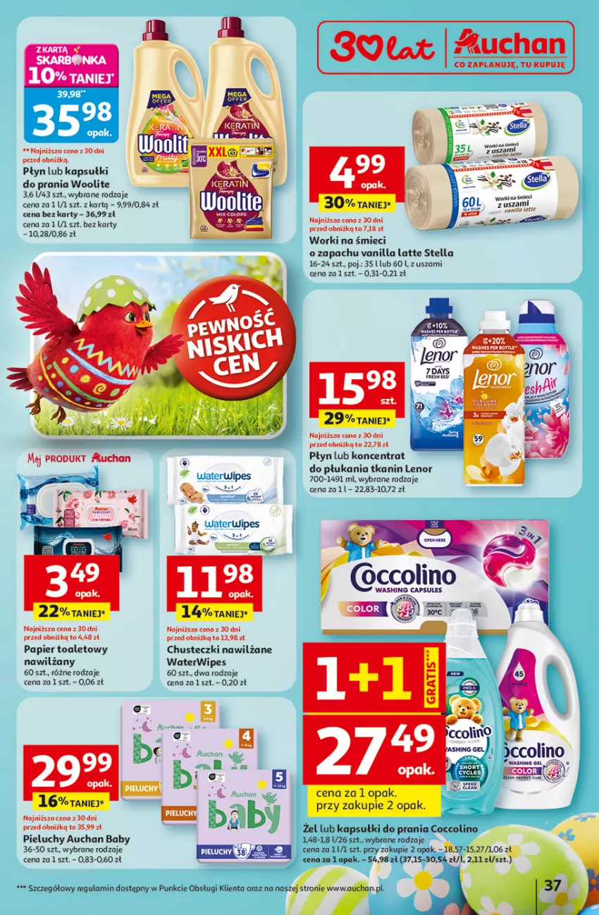 Gazetka promocyjna Auchan - Gazetka 30 Lat Hipermarket Auchan - ważna 12.03 do 18.03.2026 - strona 37 - produkty: Chusteczki, Chusteczki nawilzane, Coccolino, Kapsułki do prania, Lenor, Papier, Papier toaletowy, Pieluchy, Woolite, Worki na śmiec, Worki na śmieci