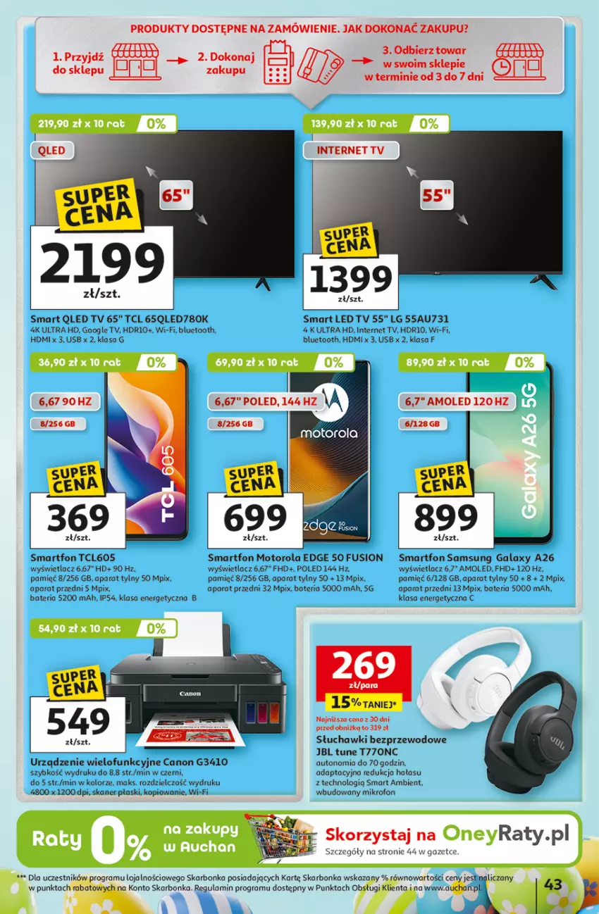 Gazetka promocyjna Auchan - Gazetka 30 Lat Hipermarket Auchan - ważna 12.03 do 18.03.2026 - strona 43 - produkty: Amol, Bateria, Canon, Fa, Fusion, Gala, JBL, LED TV, LG, Mikrofon, Motorola, Samsung, Skaner, Słuchawki, Słuchawki bezprzewodowe, Smartfon, Urządzenie wielofunkcyjne