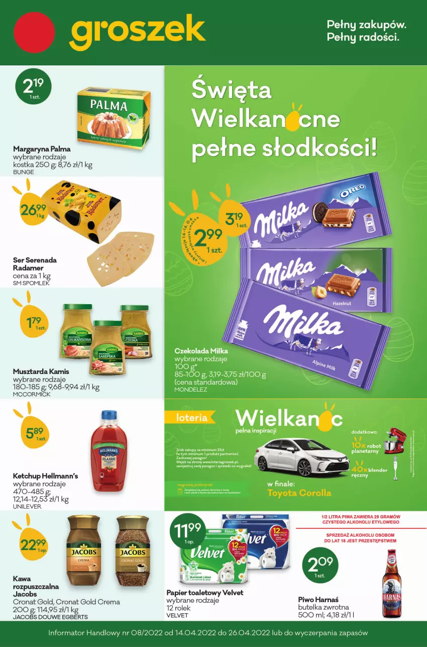 Gazetka promocyjna Groszek - ważna 14.04 do 26.04.2022 - strona 1 - produkty: Gra, Jacobs, Kamis, Kawa, Ketchup, Margaryna, Mus, Musztarda, Palma, Papier, Papier toaletowy, Piwa, Radamer, Ser, Velvet