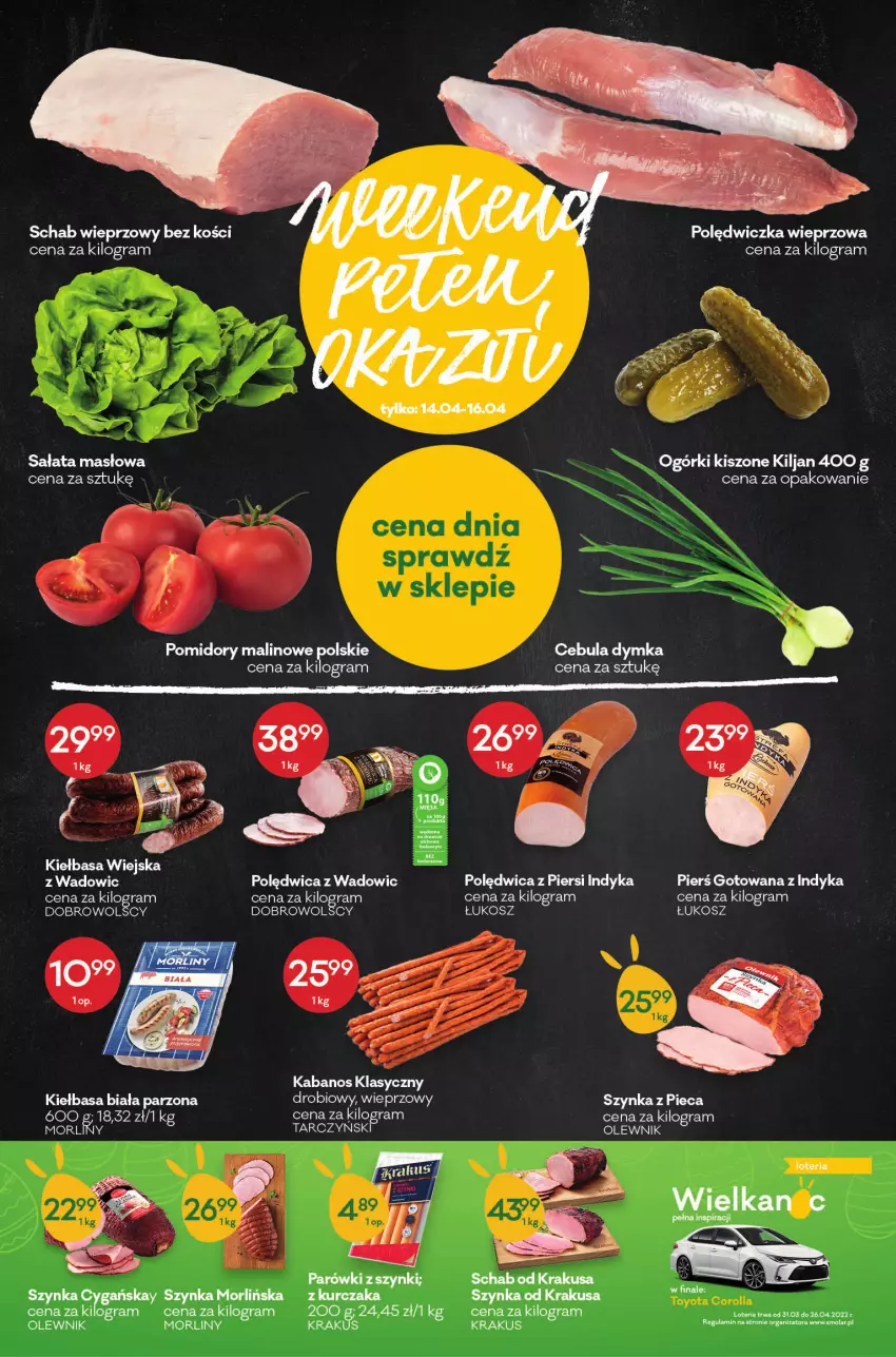 Gazetka promocyjna Groszek - ważna 14.04 do 26.04.2022 - strona 3 - produkty: Cebula, Gra, Kabanos, Kiełbasa, Kiełbasa biała, Kiełbasa wiejska, Kosz, Krakus, Kurczak, Masło, Mola, Morliny, Olewnik, Parówki, Piec, Polędwica, Polędwiczka wieprzowa, Pomidory, Sałat, Sałata masłowa, Schab wieprzowy, Szynka, Szynka cygańska