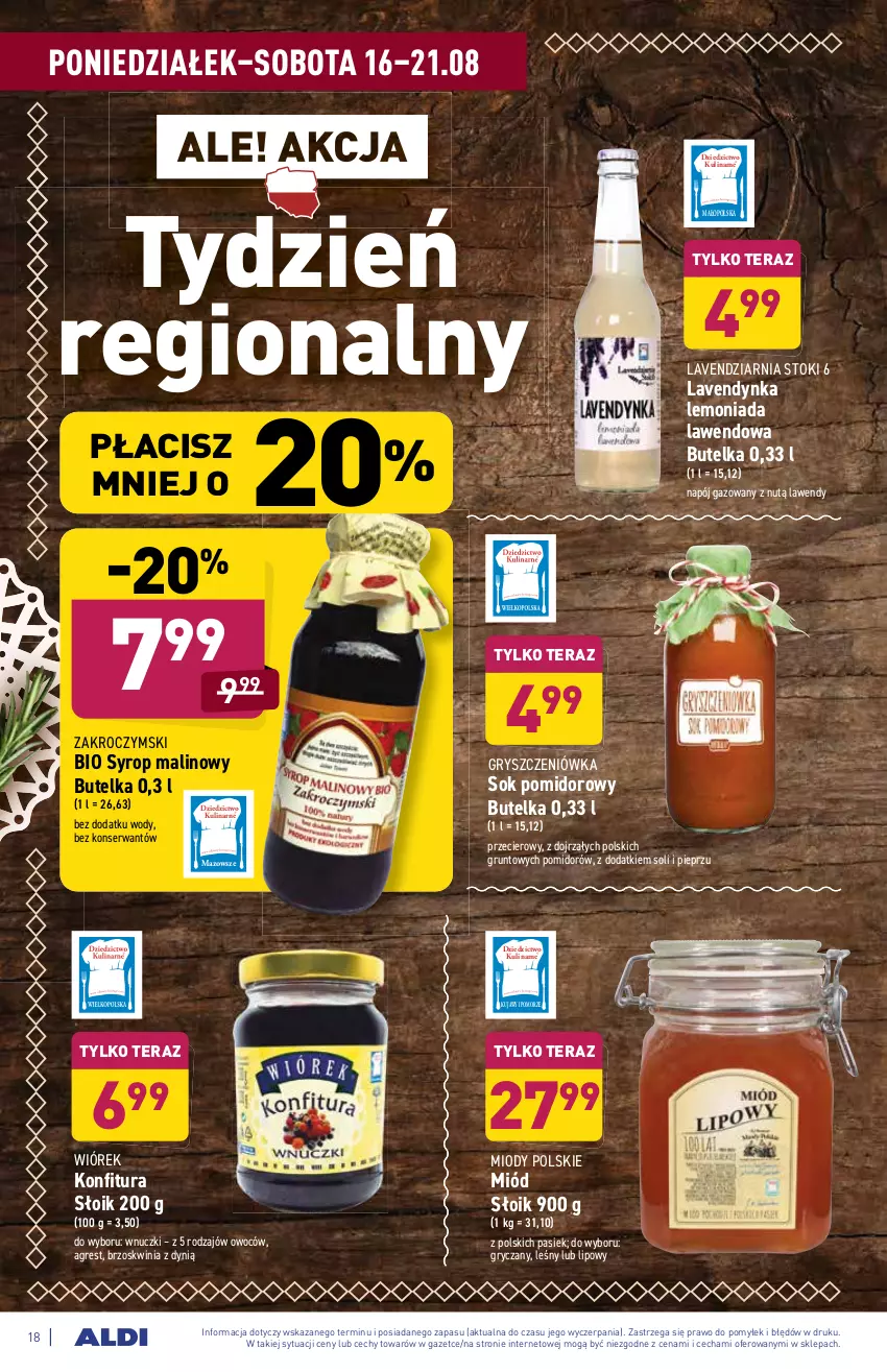 Gazetka promocyjna Aldi - SUPER SMACZNE OKAZJE - ważna 16.08 do 21.08.2021 - strona 18 - produkty: Dynią, Gres, Grunt, Gry, Konfitura, Lemoniada, Miód, Napój, Napój gazowany, Pieprz, Ser, Sok, Sok pomidorowy, Syrop, Tera