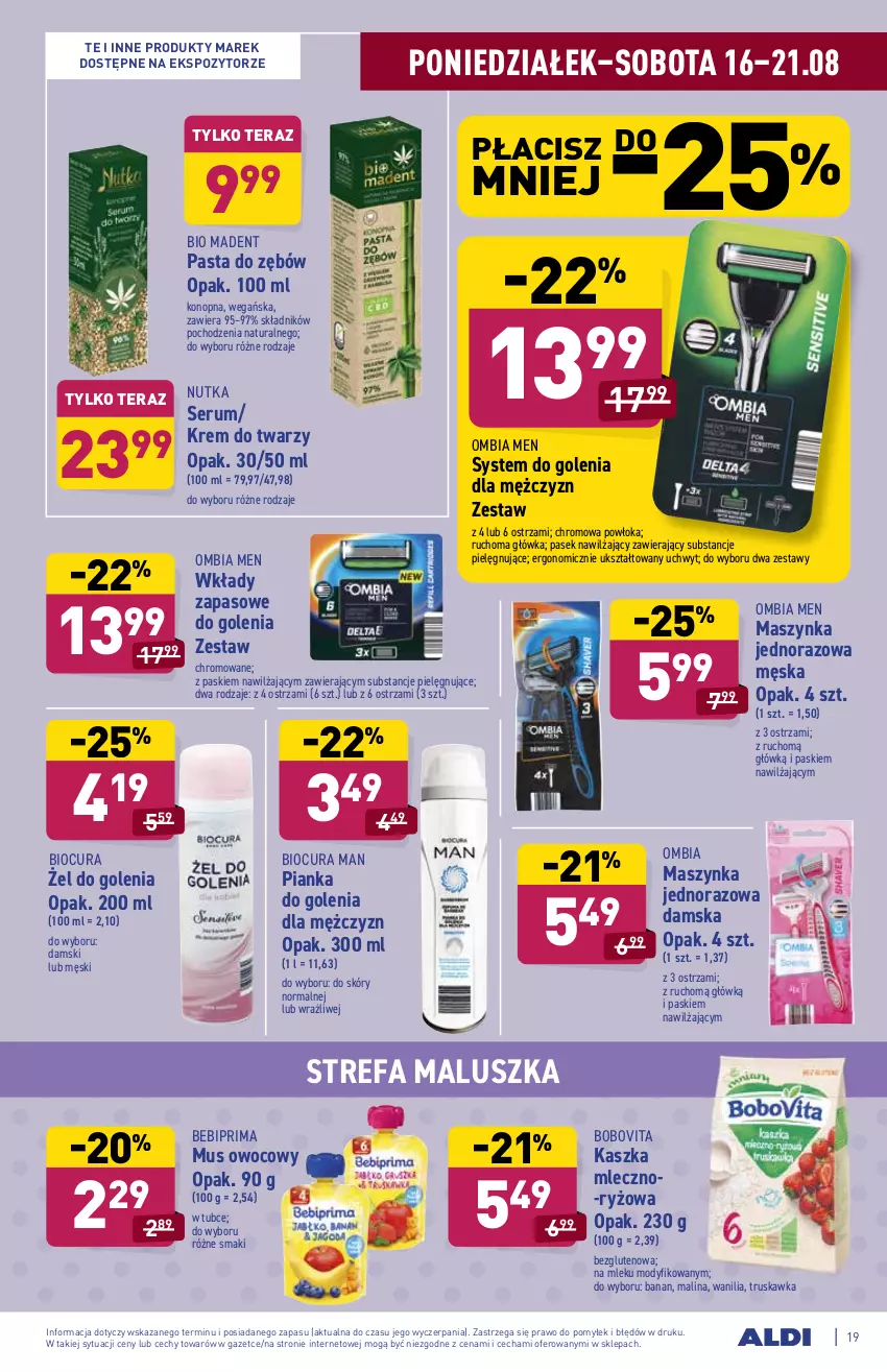 Gazetka promocyjna Aldi - SUPER SMACZNE OKAZJE - ważna 16.08 do 21.08.2021 - strona 19 - produkty: Bebiprima, BoboVita, Fa, Krem do twarzy, Maszynka, Mus, Pasek, Pasta do zębów, Pianka do golenia, Prima, Rum, Ryż, Ser, Serum, Szynka, Tera