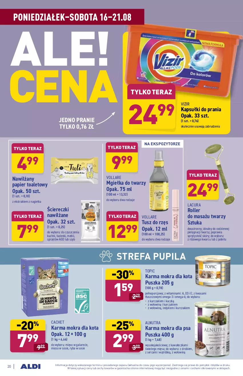 Gazetka promocyjna Aldi - SUPER SMACZNE OKAZJE - ważna 16.08 do 21.08.2021 - strona 20 - produkty: Fa, Gala, Kapsułki do prania, Kawa, Kurczak, Mgiełka do twarzy, Mięso, Mięso w galarecie, Mięso w sosie, Nawilżany papier, Omega-3, Papier, Papier toaletowy, Por, Roller, Roller do masażu twarzy, Ryba, Ser, Sok, Sos, Tera, Top, Tusz, Vizir, Wasa