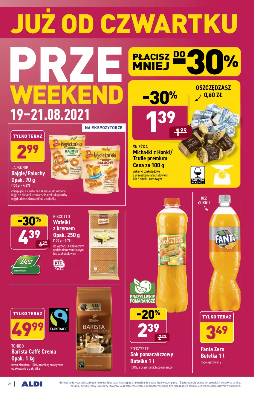 Gazetka promocyjna Aldi - SUPER SMACZNE OKAZJE - ważna 16.08 do 21.08.2021 - strona 24 - produkty: Bajgle, Cukier, Cukierki, Cukierki czekoladowe, Fa, Fanta, Gin, Kawa, Kawa ziarnista, Lajkonik, Michałki, Napój, Napój gazowany, Rum, Sok, Sok pomarańczowy, Tchibo, Tera