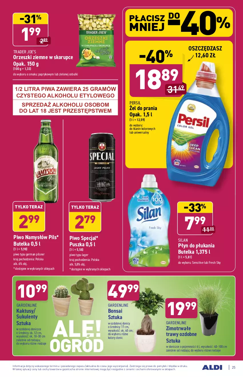 Gazetka promocyjna Aldi - SUPER SMACZNE OKAZJE - ważna 16.08 do 21.08.2021 - strona 25 - produkty: Gra, Kaktus, Namysłów, Orzeszki, Orzeszki ziemne, Persil, Piwa, Piwo, Płyn do płukania, Silan, Sok, Sukulent, Tera