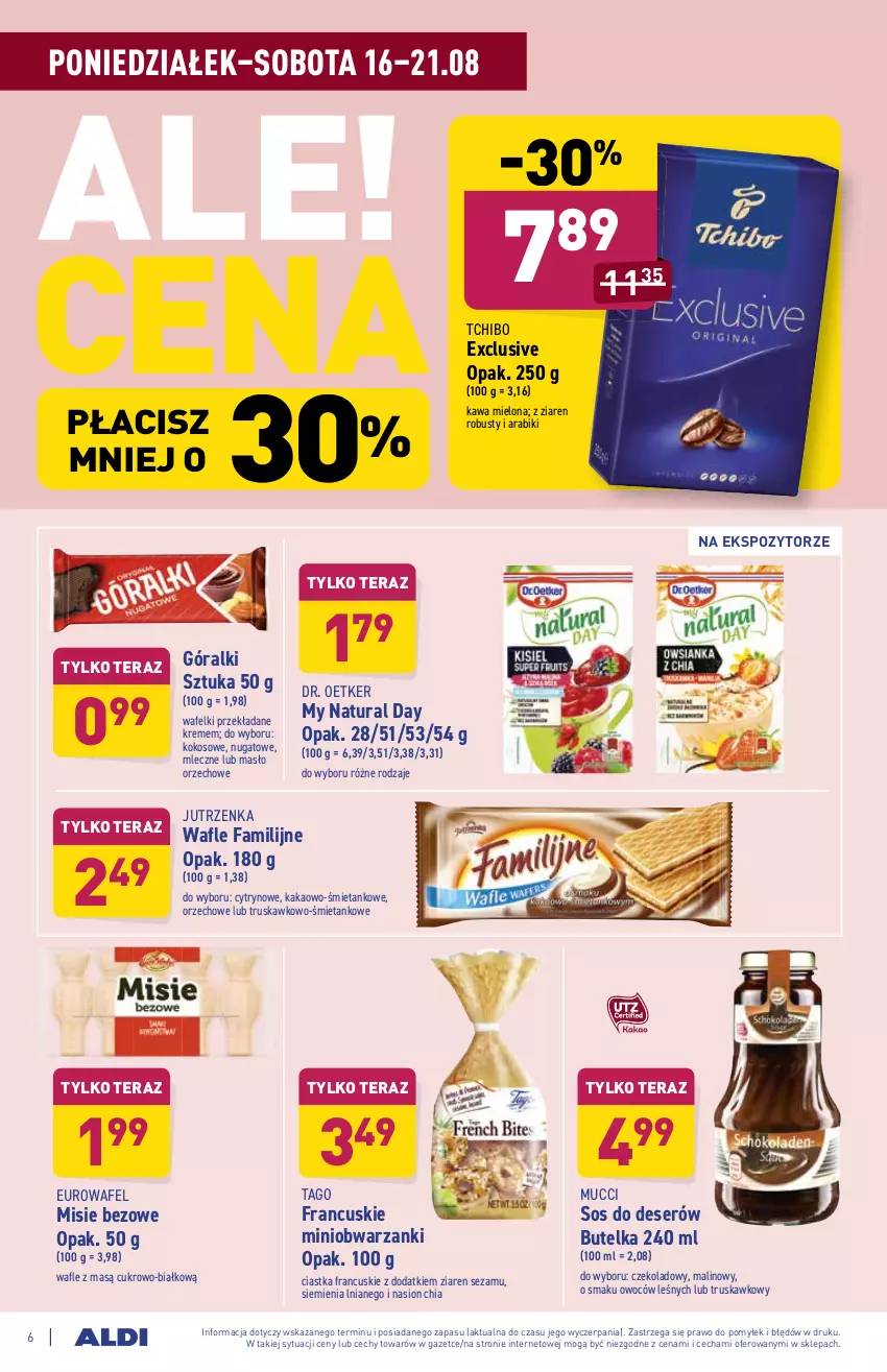 Gazetka promocyjna Aldi - SUPER SMACZNE OKAZJE - ważna 16.08 do 21.08.2021 - strona 6 - produkty: Chia, Ciastka, Deser, Dr. Oetker, Fa, Góralki, Jutrzenka, Kakao, Kawa, Kawa mielona, Kokos, Masło, Masło orzechowe, Ser, Sezam, Sos, Tago, Tchibo, Tera, Wafle