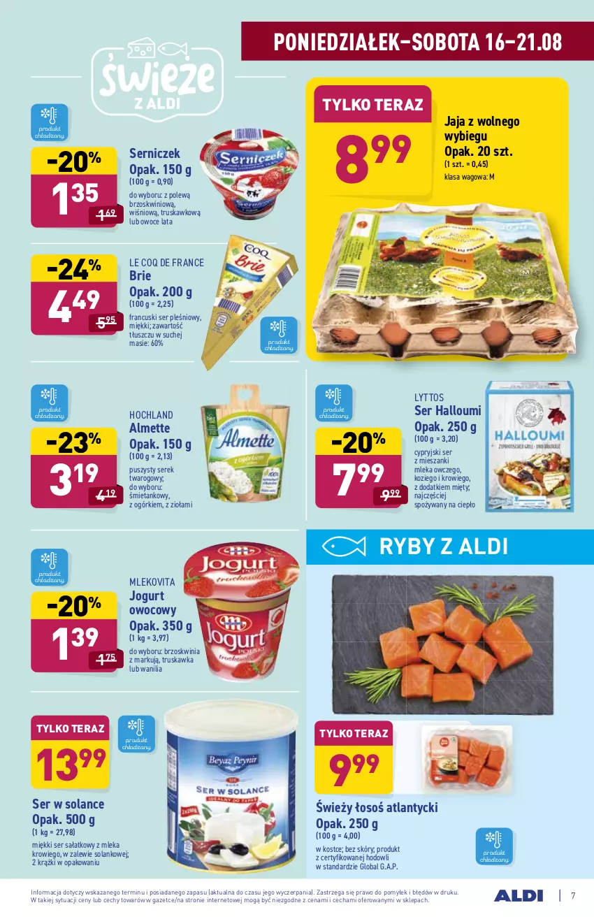 Gazetka promocyjna Aldi - SUPER SMACZNE OKAZJE - ważna 16.08 do 21.08.2021 - strona 7 - produkty: Almette, Brie, Hochland, Jaja, Jaja z wolnego wybiegu, Jogurt, Jogurt owocowy, Mleko, Mlekovita, Owoce, Sałat, Ser, Ser pleśniowy, Serek, Serek twarogowy, Solan, Tera