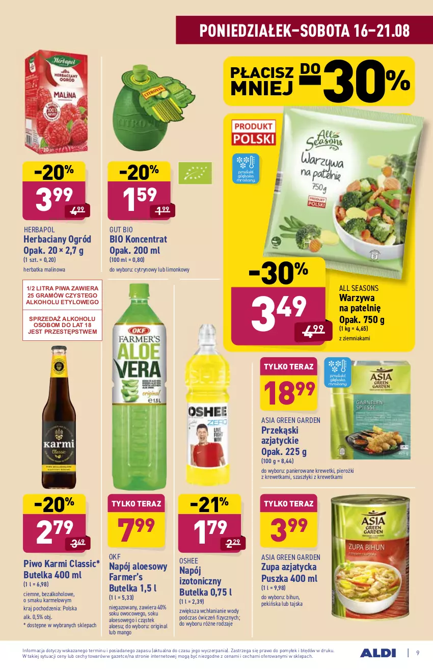 Gazetka promocyjna Aldi - SUPER SMACZNE OKAZJE - ważna 16.08 do 21.08.2021 - strona 9 - produkty: All Seasons, Fa, Gin, Gra, Herbapol, Karmi, Krewetki, Mango, Napój, Napój izotoniczny, Ogród, Oshee, Piwa, Piwo, Sok, Stek, Tera, Warzywa, Zupa