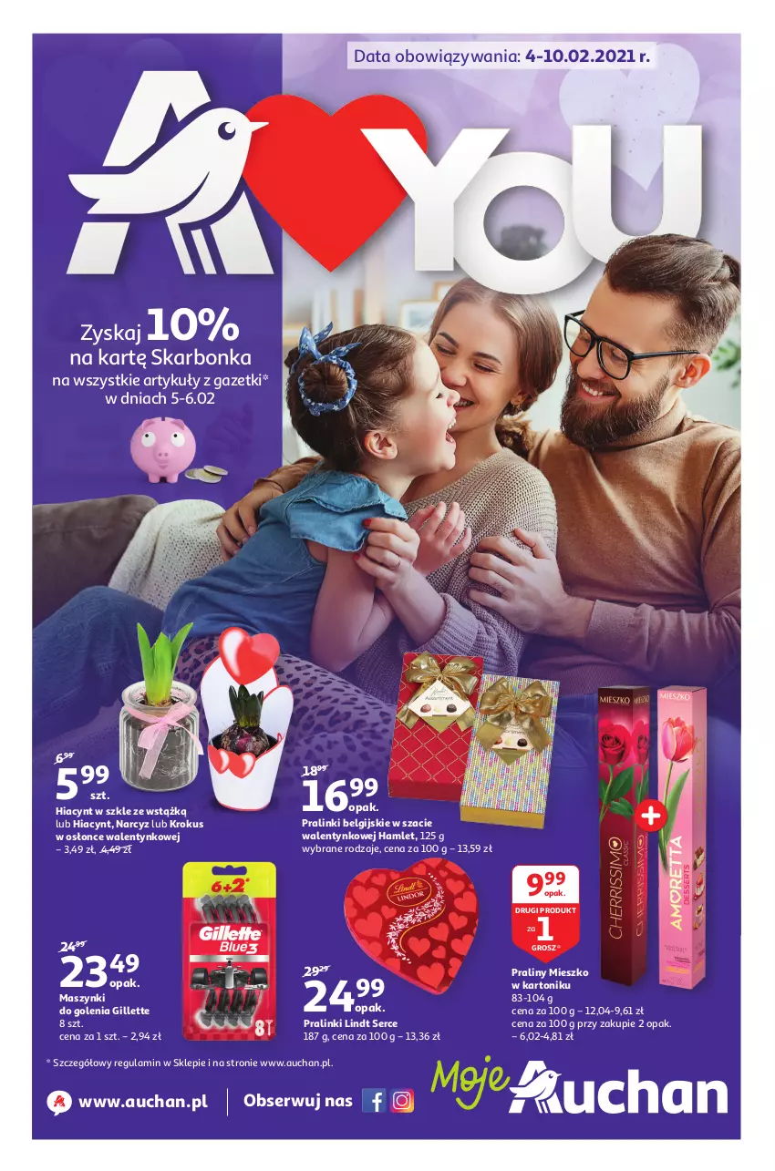 Gazetka promocyjna Auchan - A Love You Moje Auchan - ważna 04.02 do 10.02.2021 - strona 1 - produkty: Gillette, Hiacynt, Krokus, LG, Lindt, Narcyz, Praliny, Ser, Tonik