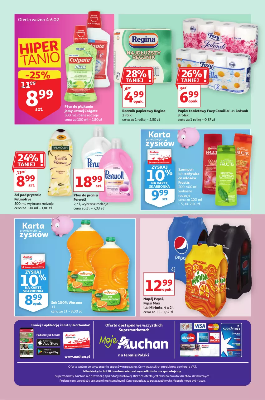 Gazetka promocyjna Auchan - A Love You Moje Auchan - ważna 04.02 do 10.02.2021 - strona 4 - produkty: Colgate, Foxy, Fructis, Gin, LG, Mirinda, Napój, Odżywka, Palmolive, Papier, Papier toaletowy, Pepsi, Pepsi max, Perwoll, Płyn do płukania, Płyn do płukania jamy ustnej, Płyn do prania, Ręcznik, Rolki, Sok, Szampon, Tera, Wosana