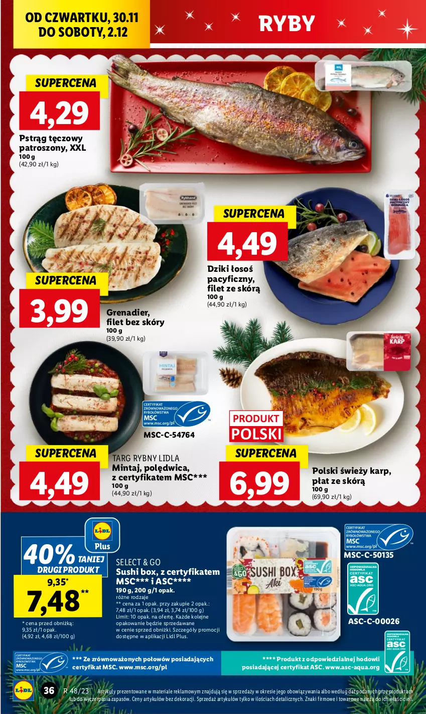 Gazetka promocyjna Lidl - GAZETKA - ważna 30.11 do 02.12.2023 - strona 38 - produkty: Grenadier, Karp, Mintaj, Olej, Polędwica, Pstrąg, Pstrąg tęczowy, Sushi