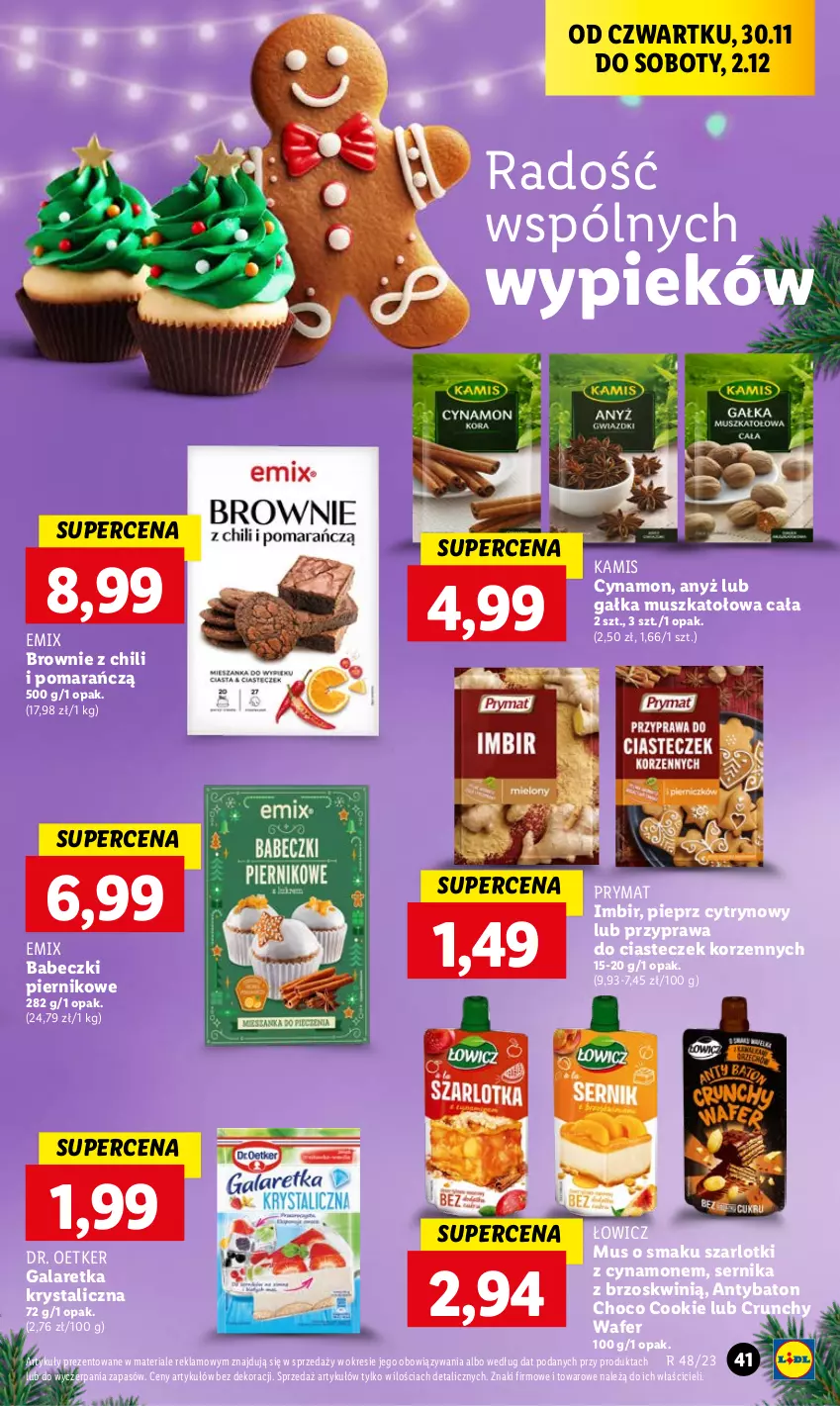 Gazetka promocyjna Lidl - GAZETKA - ważna 30.11 do 02.12.2023 - strona 43 - produkty: Babeczki, Baton, Brownie, Dr. Oetker, Gala, Galaretka, Gałka, Imbir, Kamis, Mus, Pieprz, Piernik, Prymat, Przyprawa do ciasteczek korzennych, Ser