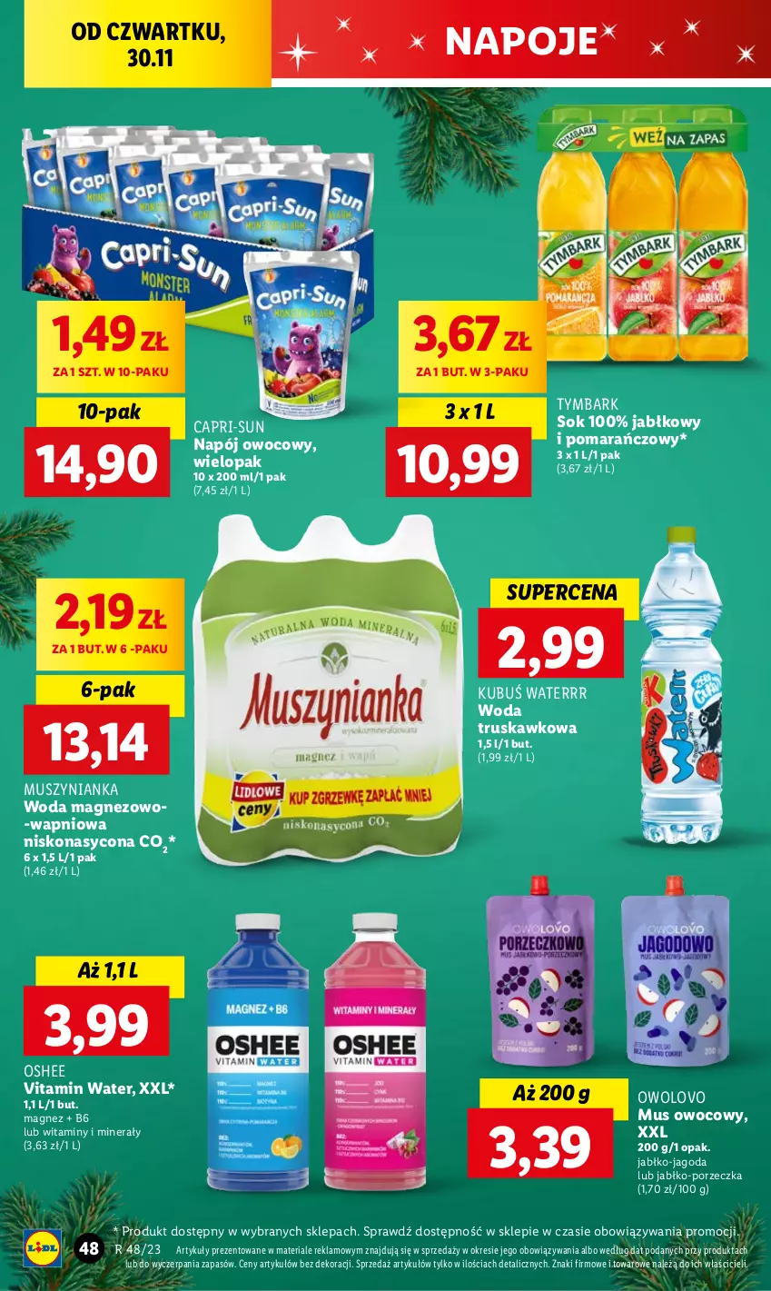 Gazetka promocyjna Lidl - GAZETKA - ważna 30.11 do 02.12.2023 - strona 50 - produkty: Kubuś, Kubuś Waterrr, Magnez, Mus, Muszynianka, Napój, Napoje, Oshee, Por, Sok, Tymbark, Woda