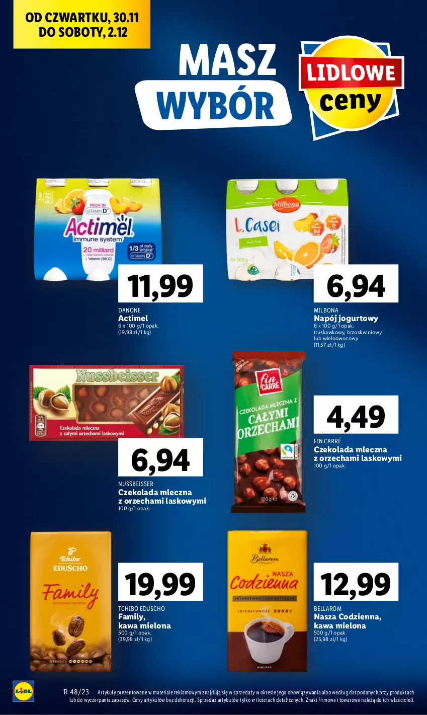 Gazetka promocyjna Lidl - GAZETKA - ważna 30.11 do 02.12.2023 - strona 58 - produkty: Actimel, Bell, Bella, Czekolada, Czekolada mleczna, Danone, Fa, Jogurt, Kawa, Kawa mielona, Napój, Napój jogurtowy, Ser, Tchibo