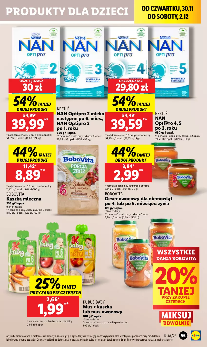 Gazetka promocyjna Lidl - GAZETKA - ważna 30.11 do 02.12.2023 - strona 61 - produkty: BoboVita, Deser, Deser owocowy, Dzieci, Kubuś, Mleko, Mus, NAN Optipro, Nestlé, O nas, Ser