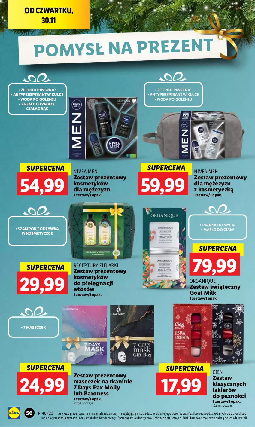 Gazetka promocyjna Lidl - GAZETKA - ważna 30.11 do 02.12.2023 - strona 62 - produkty: 7 Days, Antyperspirant, Krem do twarzy, Lakier, Masło, Masło do ciała, Nivea, Nivea Men, Odżywka, Pax, Szampon, Woda, Woda po goleniu, Zestaw prezentowy