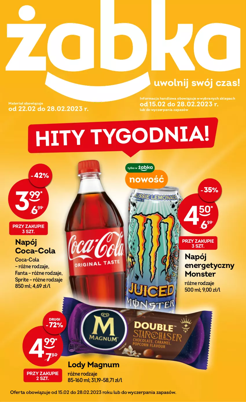 Gazetka promocyjna Żabka - ważna 22.02 do 28.02.2023 - strona 1 - produkty: Coca-Cola, Fa, Fanta, Lody, Napój, Napój energetyczny, Sprite