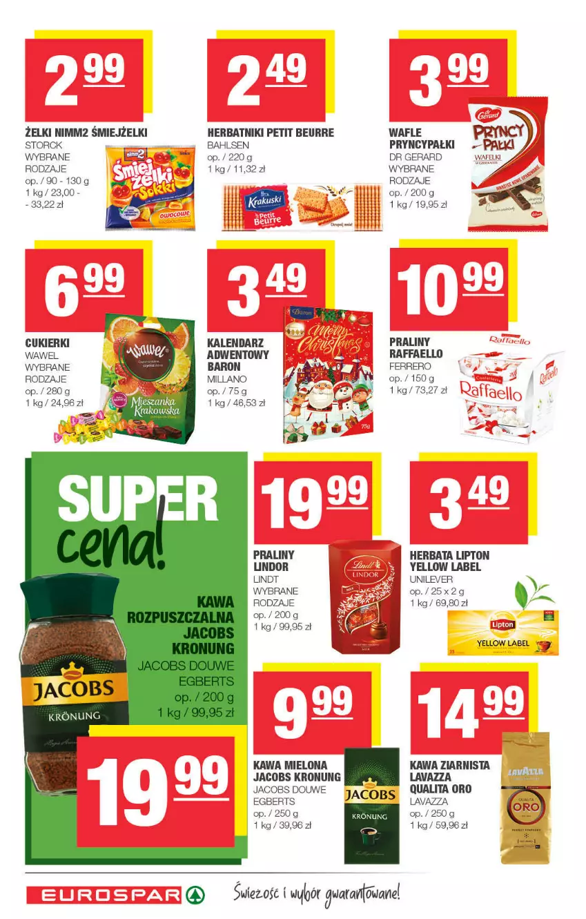 Gazetka promocyjna Spar - ważna 14.11 do 24.11.2021 - strona 10 - produkty: Cukier, Cukierki, Dr Gerard, Fa, Ferrero, Herbata, Herbatniki, Herbatniki Petit Beurre, Jacobs, Kalendarz, Kawa, Kawa mielona, Kawa ziarnista, Lavazza, Lindor, Lindt, Lipton, Nimm2, Praliny, Raffaello, Wafle, Wawel, Zlew