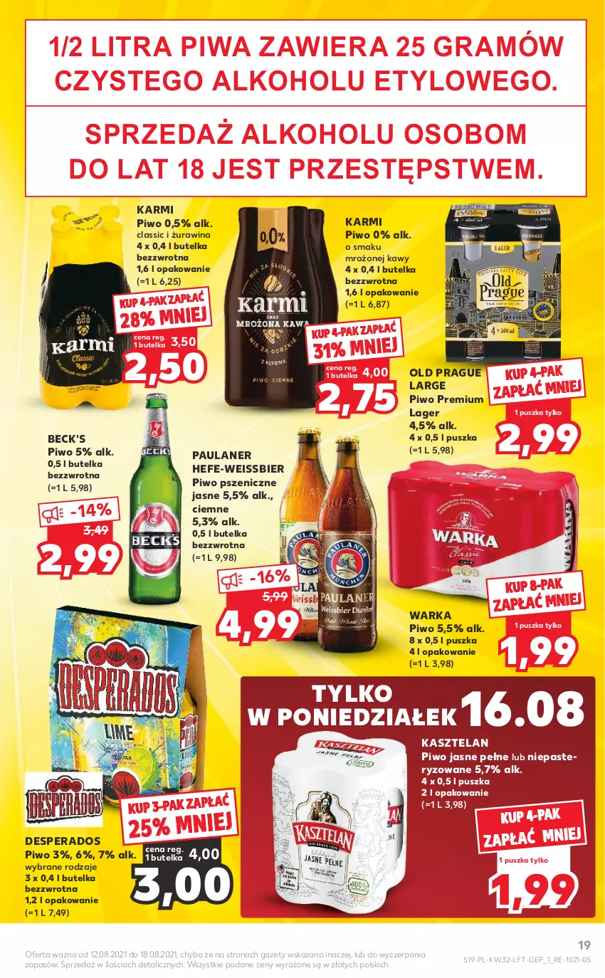 Gazetka promocyjna Kaufland - OFERTA TYGODNIA - ważna 12.08 do 18.08.2021 - strona 19 - produkty: Desperados, Gra, Karmi, Kasztelan, Piwa, Piwo, Piwo jasne, Warka