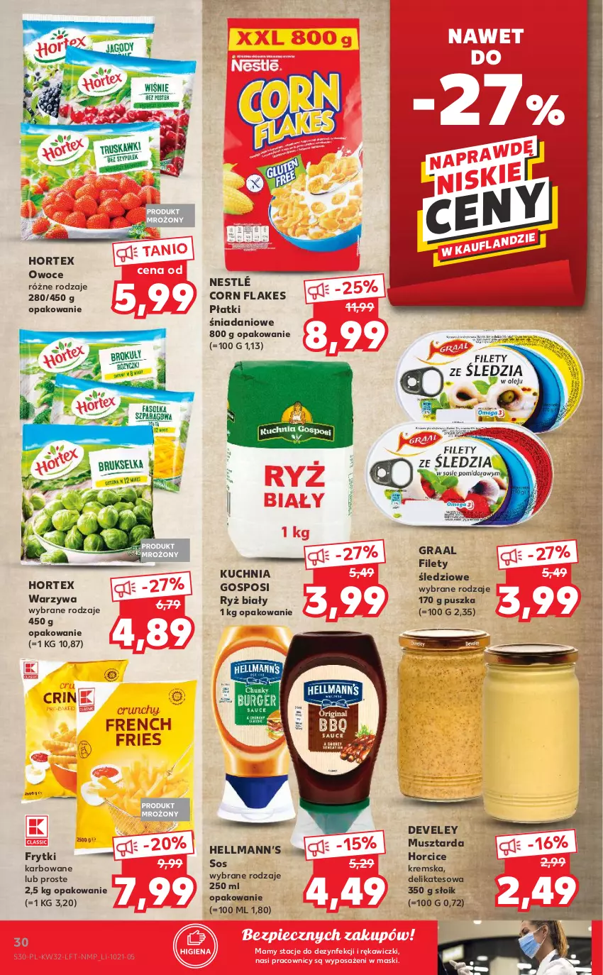 Gazetka promocyjna Kaufland - OFERTA TYGODNIA - ważna 12.08 do 18.08.2021 - strona 30 - produkty: Corn flakes, Danio, Frytki, Gra, Graal, Hortex, Kuchnia, Mus, Musztarda, Nestlé, Owoce, Piec, Ryż, Ryż biały, Sos, Warzywa