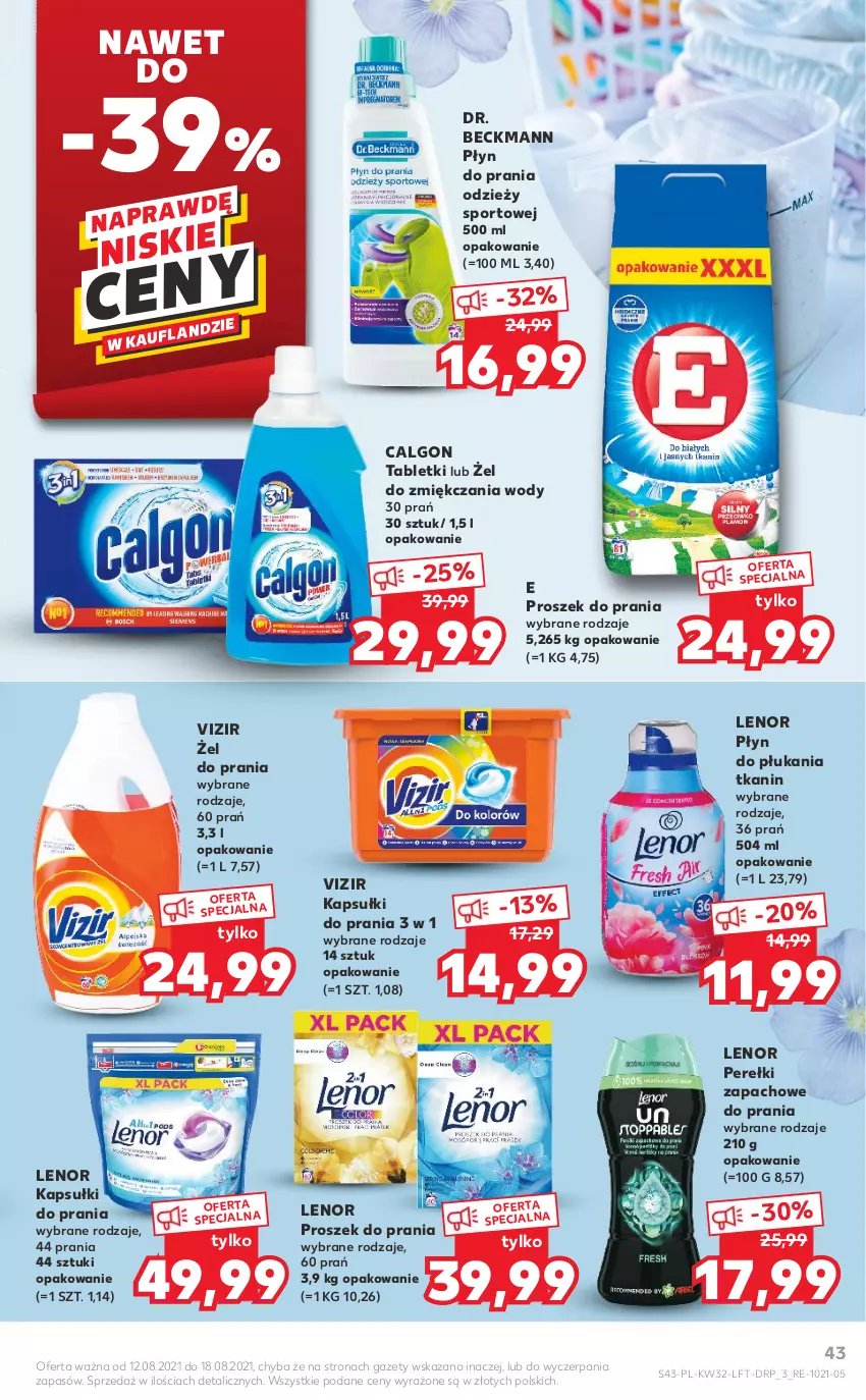 Gazetka promocyjna Kaufland - OFERTA TYGODNIA - ważna 12.08 do 18.08.2021 - strona 43 - produkty: Calgon, Kapsułki do prania, Lenor, LG, Perełki zapachowe, Płyn do płukania, Płyn do prania, Por, Proszek do prania, Sport, Tablet, Vizir