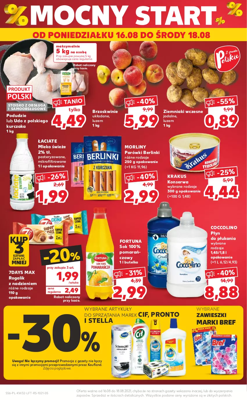 Gazetka promocyjna Kaufland - OFERTA TYGODNIA - ważna 12.08 do 18.08.2021 - strona 56 - produkty: Berlinki, Bref, Brzoskwinie, Cif, Coccolino, Fortuna, Krakus, Kurczak, Mleko, Morliny, Parówki, Płyn do płukania, Pronto, Rogal, Ser, Sok, Waga, Zawieszki, Ziemniaki