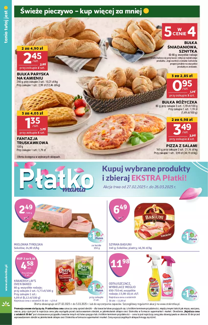 Gazetka promocyjna Stokrotka - Market - ważna 26.02 do 05.03.2025 - strona 12 - produkty: Bułka, Danio, Fa, Fanta, Gra, Krakersy, Lay’s, Mielonka tyrolska, Mięso, Odtłuszczacz, Owoce, Piec, Pieczywo, Pizza, Por, Salami, Sok, Sokołów, Szynka, Warzywa