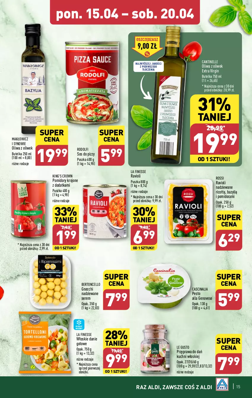 Gazetka promocyjna Aldi - Pełna oferta - ważna 15.04 do 20.04.2024 - strona 15 - produkty: Bazyl, Danie gotowe, Gin, Gnocchi, Odol, Oliwa z oliwek, Pesto, Pomidory, Pomidory krojone, Ser, Sos, Sos do pizzy