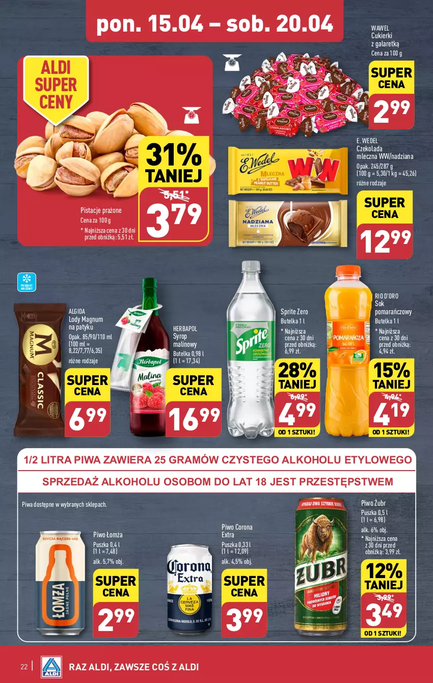 Gazetka promocyjna Aldi - Pełna oferta - ważna 15.04 do 20.04.2024 - strona 22 - produkty: Algida, Corona Extra, Cukier, Cukierki, Czekolada, Czekolada mleczna, E. Wedel, Gala, Gra, Herbapol, LG, Lody, Pistacje, Piwa, Piwo, Sok, Sok pomarańczowy, Sprite, Syrop, Wawel