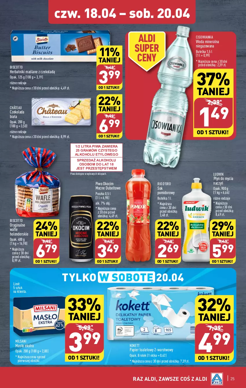 Gazetka promocyjna Aldi - Pełna oferta - ważna 15.04 do 20.04.2024 - strona 25 - produkty: Cisowianka, Czekolada, Do mycia naczyń, Gin, Gra, Herbatniki, Koc, Ludwik, Masło, Okocim, Papier, Papier toaletowy, Piwa, Piwo, Płyn do mycia, Płyn do mycia naczyń, Sok, Sok pomidorowy, Wafle, Woda, Woda mineralna