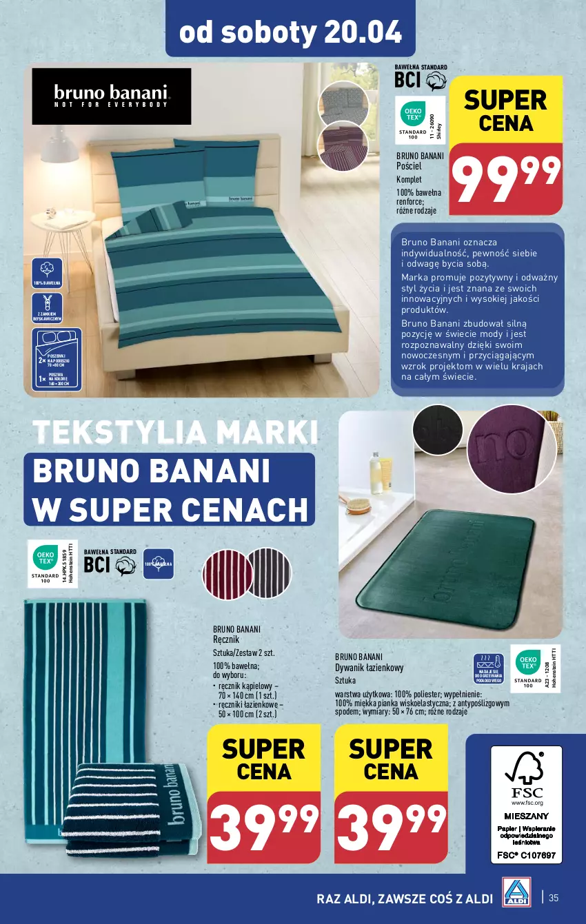 Gazetka promocyjna Aldi - Pełna oferta - ważna 15.04 do 20.04.2024 - strona 35 - produkty: Bruno Banani, Dywan, Dywanik, Dywanik łazienkowy, HP, Pościel, Ręcznik, Ręcznik kąpielowy, Sok, Wełna