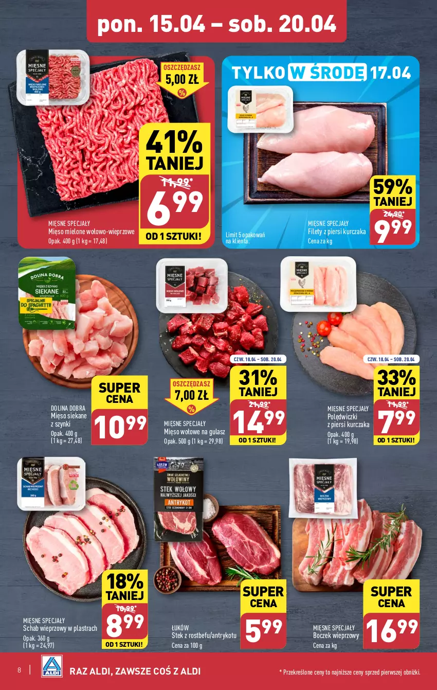 Gazetka promocyjna Aldi - Pełna oferta - ważna 15.04 do 20.04.2024 - strona 8 - produkty: Boczek, Boczek wieprzowy, Kurczak, Mięsne specjały, Mięso, Mięso mielone, Mięso wołowe, Rostbef, Schab wieprzowy, Stek