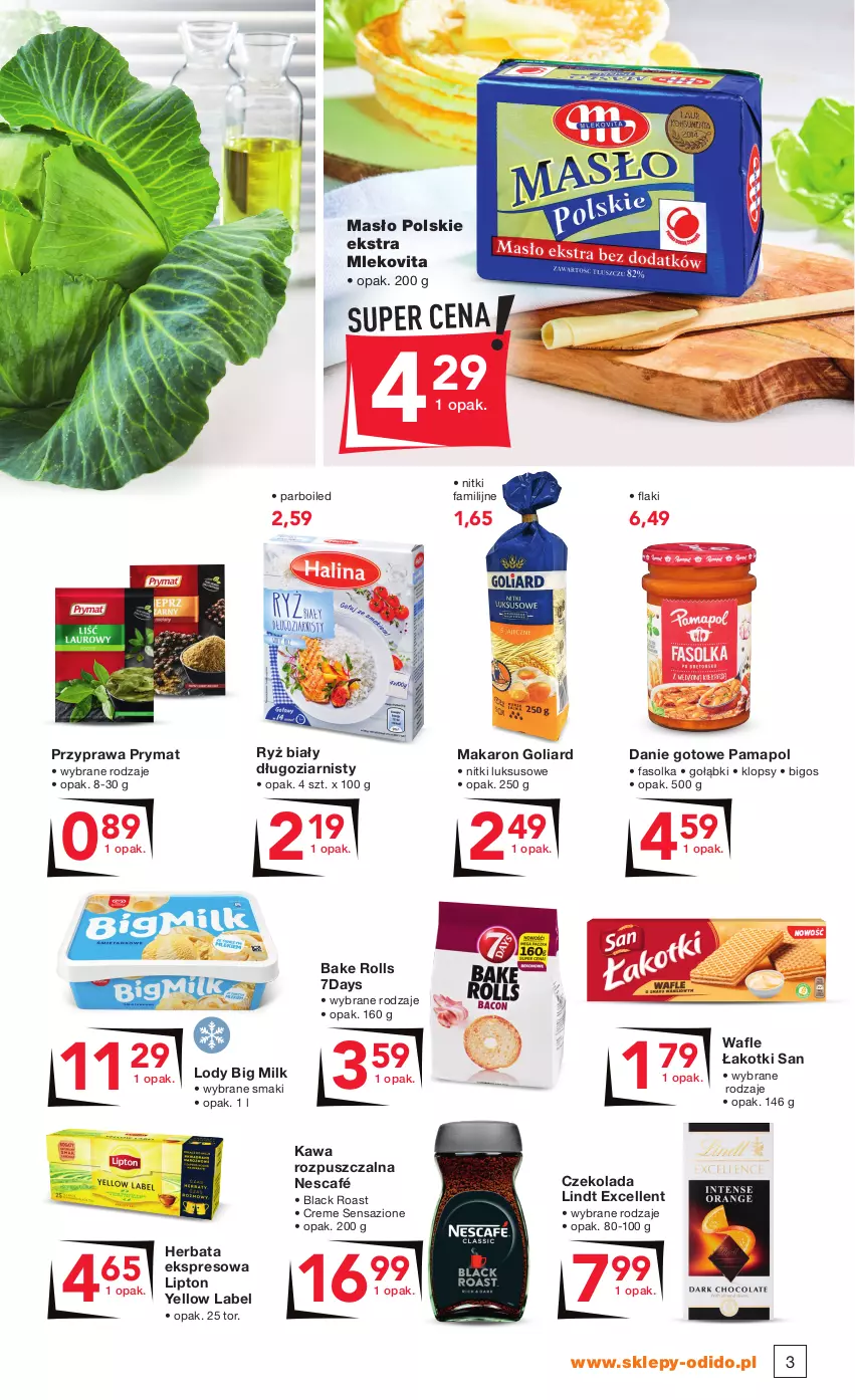 Gazetka promocyjna Odido - CENOWE HITY kwietnia! - ważna 09.04 do 22.04.2021 - strona 3 - produkty: Bake Rolls, Big Milk, Bigos, Czekolada, Danie gotowe, Fa, Flaki, Goliard, Herbata, Kawa, Kawa rozpuszczalna, Lack, Lindt, Lipton, Lody, Makaron, Masło, Mleko, Mlekovita, Nescafé, Prymat, Ryż, Ryż biały, Wafle