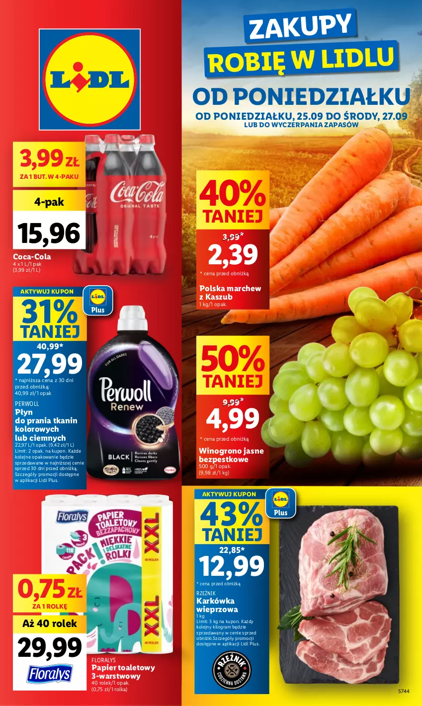 Gazetka promocyjna Lidl - GAZETKA - ważna 25.09 do 27.09.2023 - strona 1 - produkty: Coca-Cola, Flora, Gra, Karkówka wieprzowa, Olej, Papier, Papier toaletowy, Perwoll, Płyn do prania, Wino