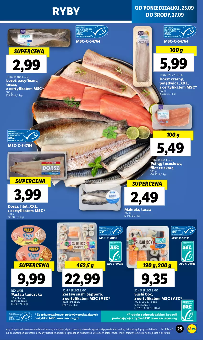 Gazetka promocyjna Lidl - GAZETKA - ważna 25.09 do 27.09.2023 - strona 35 - produkty: Dorsz, Polędwica, Por, Pstrąg, Pstrąg łososiowy, Rio Mare, Sos, Sushi, Tuńczyk, Tusz