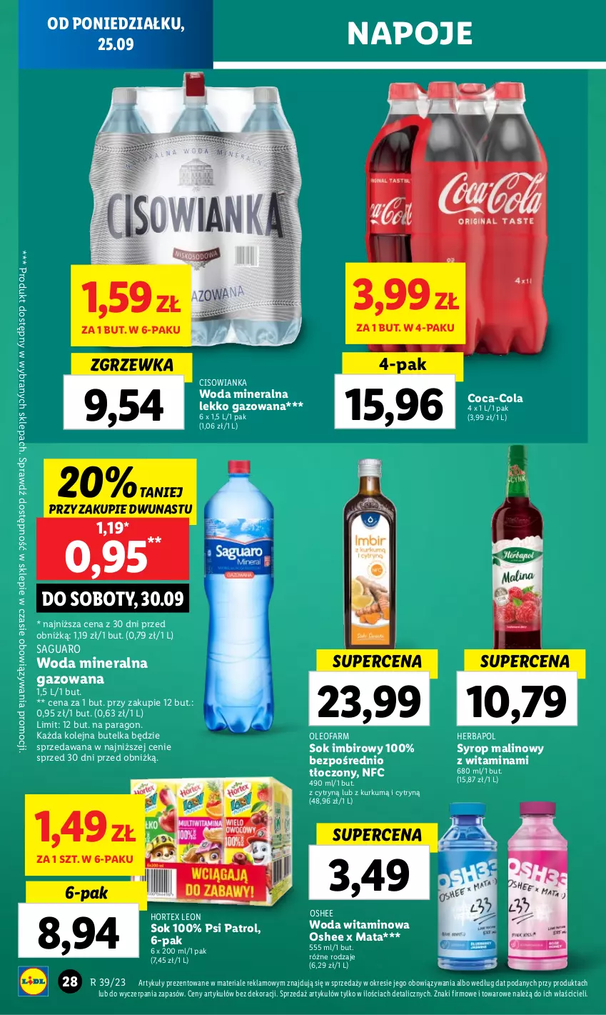 Gazetka promocyjna Lidl - GAZETKA - ważna 25.09 do 27.09.2023 - strona 38 - produkty: Cisowianka, Coca-Cola, Fa, Herbapol, Hortex, Imbir, Leon, Napoje, Olej, Oleo, Oleofarm, Oshee, Psi Patrol, Sok, Syrop, Woda, Woda mineralna