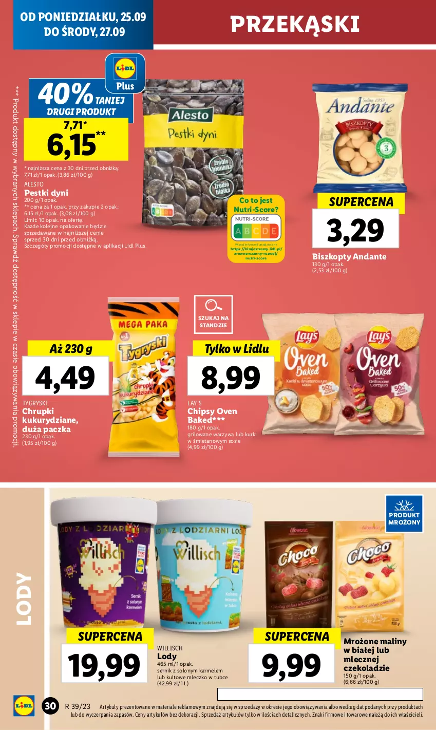 Gazetka promocyjna Lidl - GAZETKA - ważna 25.09 do 27.09.2023 - strona 40 - produkty: Biszkopty, Chipsy, Chrupki, Gry, Lay’s, Lody, Maliny, Mleczko, Olej, Pestki dyni, Ser, Sos, Warzywa, Wazon