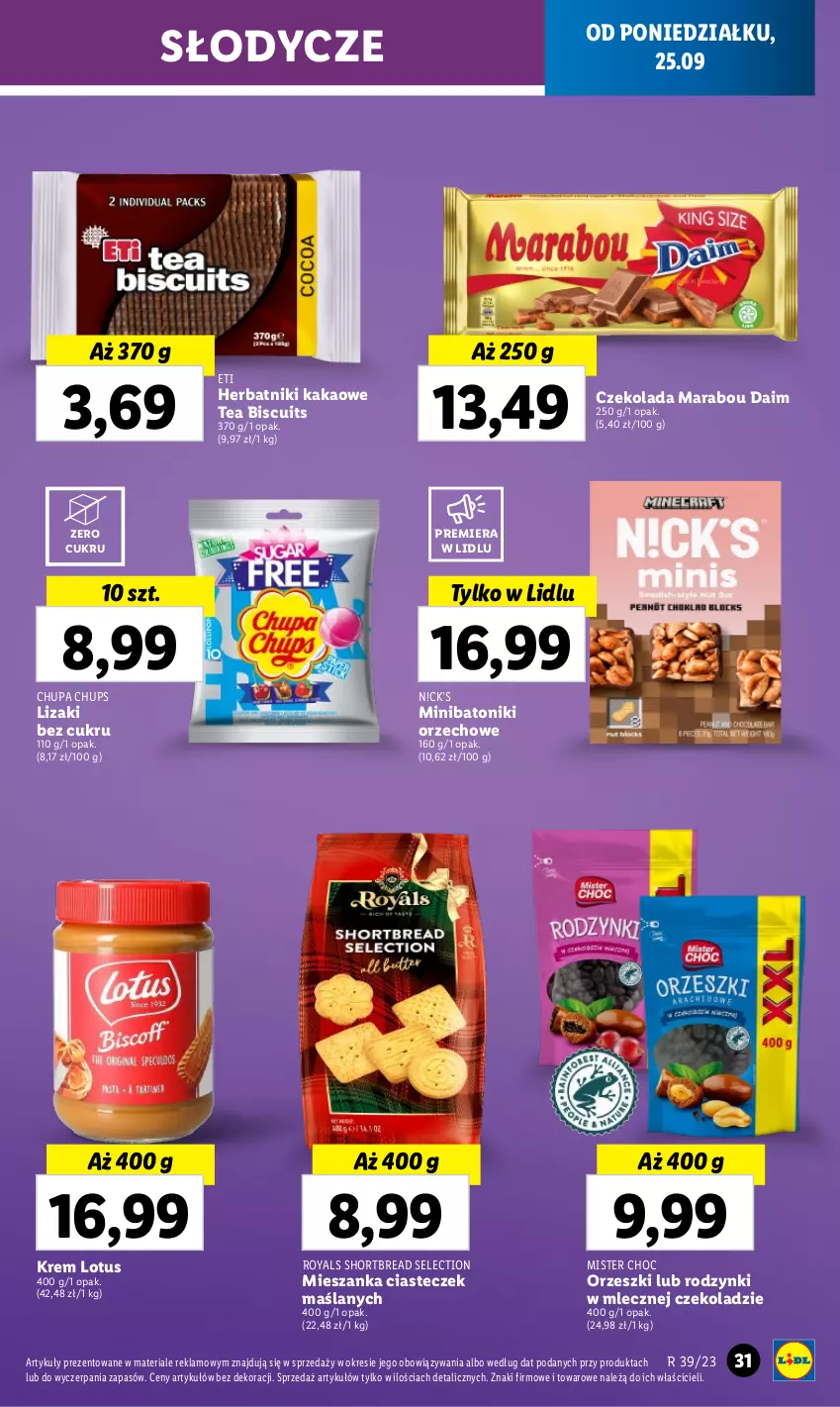 Gazetka promocyjna Lidl - GAZETKA - ważna 25.09 do 27.09.2023 - strona 41 - produkty: Baton, Chupa Chups, Czekolada, Herbatniki, Kakao, Lizaki, Orzeszki, Rodzynki, Tonik