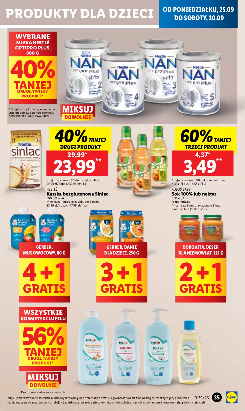 Gazetka promocyjna Lidl - GAZETKA - ważna 25.09 do 27.09.2023 - strona 45 - produkty: BoboVita, Danie dla dzieci, Deser, Dzieci, Gerber, Gra, Kubuś, Mus, Nektar, Nestlé, Ser, Sinlac, Sok