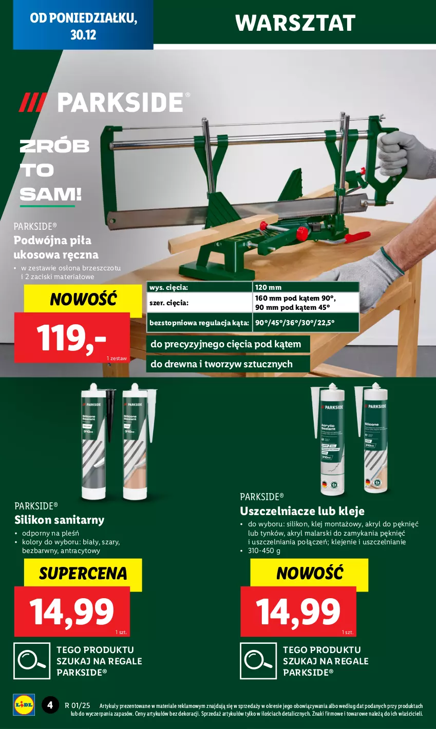 Gazetka promocyjna Lidl - GAZETKA - ważna 30.12.2024 do 04.01.2025 - strona 4 - produkty: Klej, Parkside, Piła ukosowa, Por, Silikon sanitarny, Top