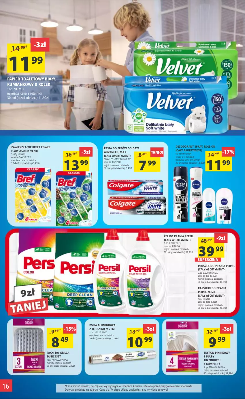 Gazetka promocyjna Arhelan - Gazetka - ważna 14.07 do 23.07.2023 - strona 16 - produkty: Bref, Colgate, Dezodorant, Folia aluminiowa, Grill, Kapsułki do prania, LG, Nivea, Palmolive, Papier, Papier toaletowy, Pasta do zębów, Persil, Proszek do prania, Rum, Velvet