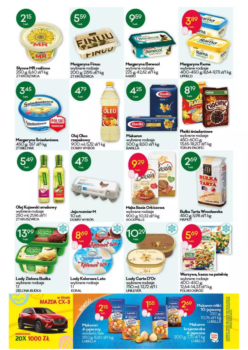 Gazetka promocyjna Groszek - ważna 04.03 do 18.03.2021 - strona 4 - produkty: Barilla, Basia, Bell, Bella, Bułka, Bułka tarta, Carte d'Or, Cif, Danio, Finuu, Kasza, Kujawski, Lody, Lubella, Mąka, Makaron, Margaryna, Ogród, Olej, Oleo, Rama, Tarta, Warzywa, Zielona Budka