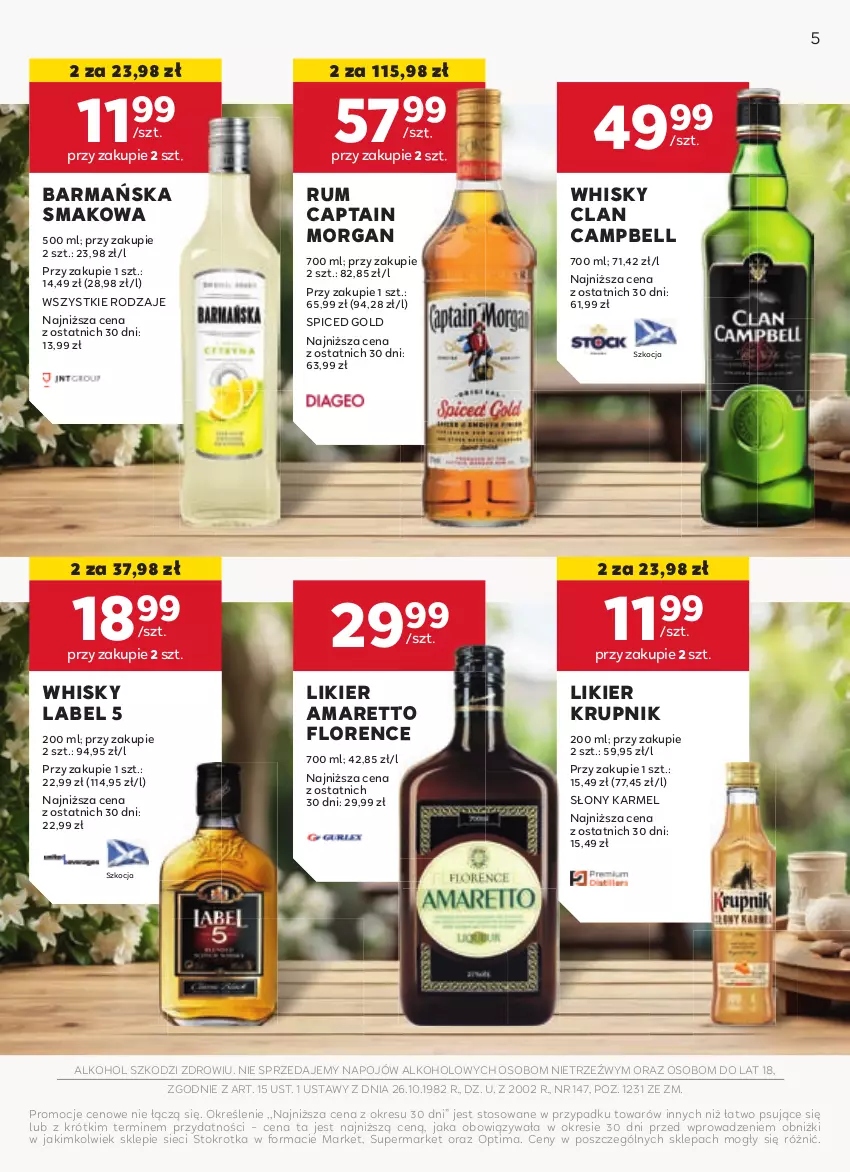 Gazetka promocyjna Stokrotka - W dobrym Smaku - ważna 27.02 do 26.03.2025 - strona 5 - produkty: Bell, Captain Morgan, Koc, Krupnik, Likier, Optima, Rum, Whisky