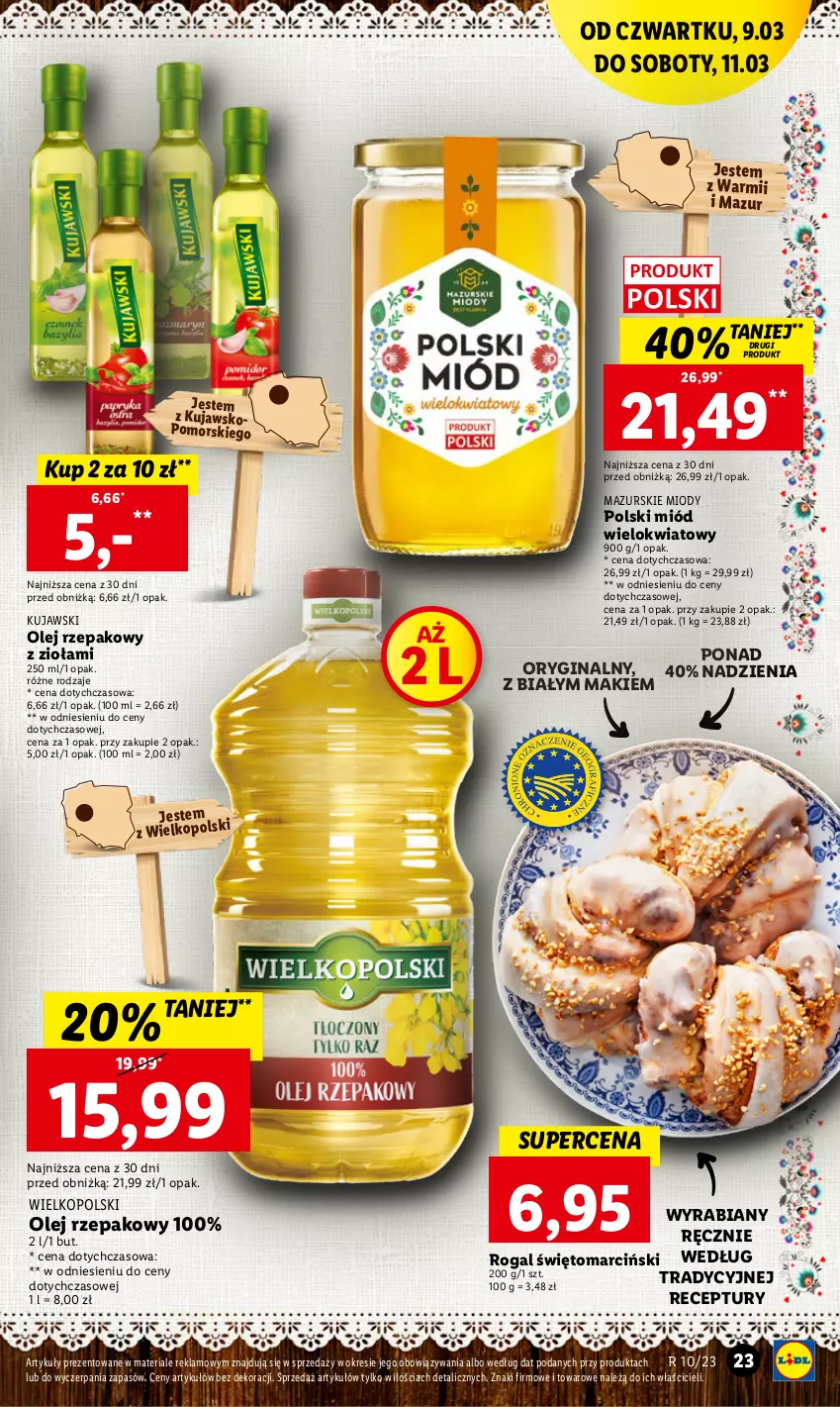 Gazetka promocyjna Lidl - GAZETKA - ważna 09.03 do 11.03.2023 - strona 23 - produkty: Gin, Kujawski, Miód, Olej, Olej rzepakowy, Rogal