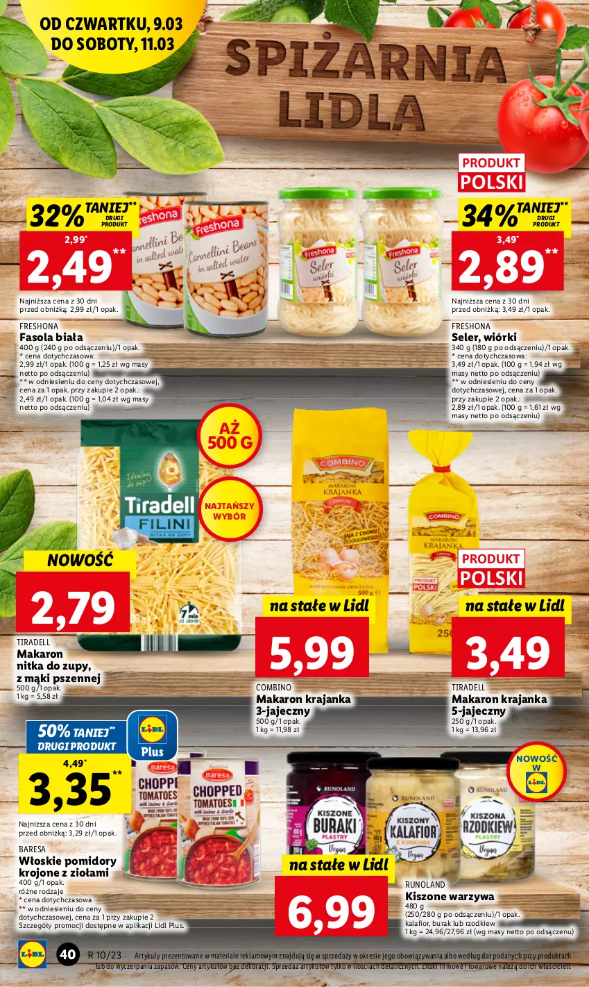 Gazetka promocyjna Lidl - GAZETKA - ważna 09.03 do 11.03.2023 - strona 44 - produkty: Dell, Fa, Fasola, Kalafior, Makaron, Pomidory, Pomidory krojone, Runoland, Warzywa