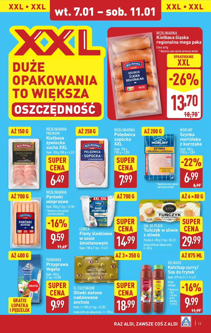 Gazetka promocyjna Aldi - Pełna oferta - ważna 07.01 do 11.01.2025 - strona 13 - produkty: Gra, Ketchup, Kiełbasa, Kiełbasa śląska, Kurczak, Lisner, Morliny, Oliwki, Oliwki zielone, Parówki, Podravka, Polędwica, Sos, Szynka, Tuńczyk, Vegeta