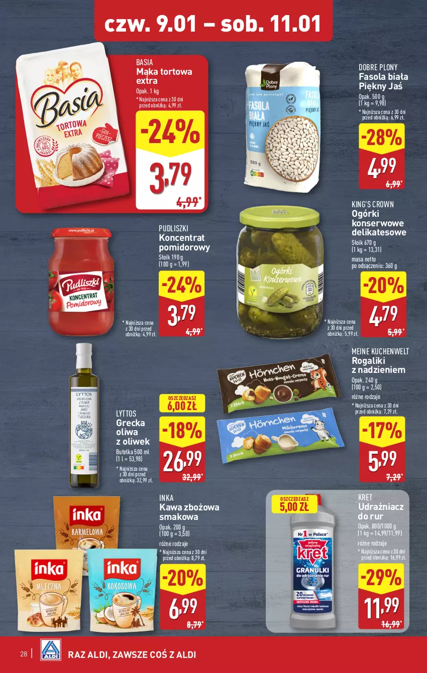 Gazetka promocyjna Aldi - Pełna oferta - ważna 07.01 do 11.01.2025 - strona 28 - produkty: Basia, Fa, Fasola, Inka, Kawa, Kawa zbożowa, Koncentrat pomidorowy, Kret, Mąka, Mąka tortowa, Ogórki konserwowe, Oliwa z oliwek, Pudliszki, Rogal, Ser